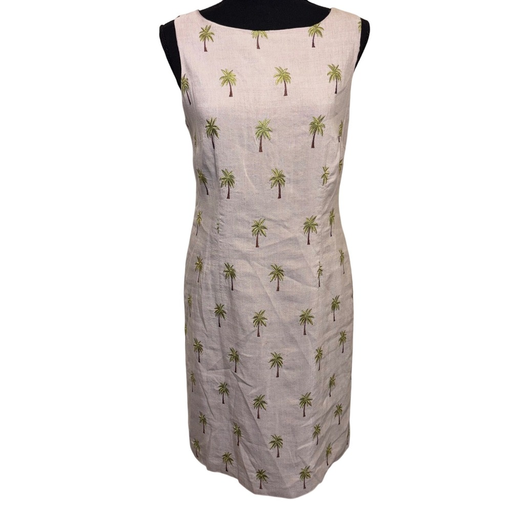 Tan Palm Tree Tropical Coastal Linen Blend Sheath Dress Women R&K Originals 10P